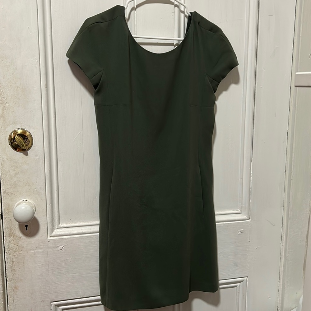 Theory Cap Sleeve Crepe Dress in Olive Military Green